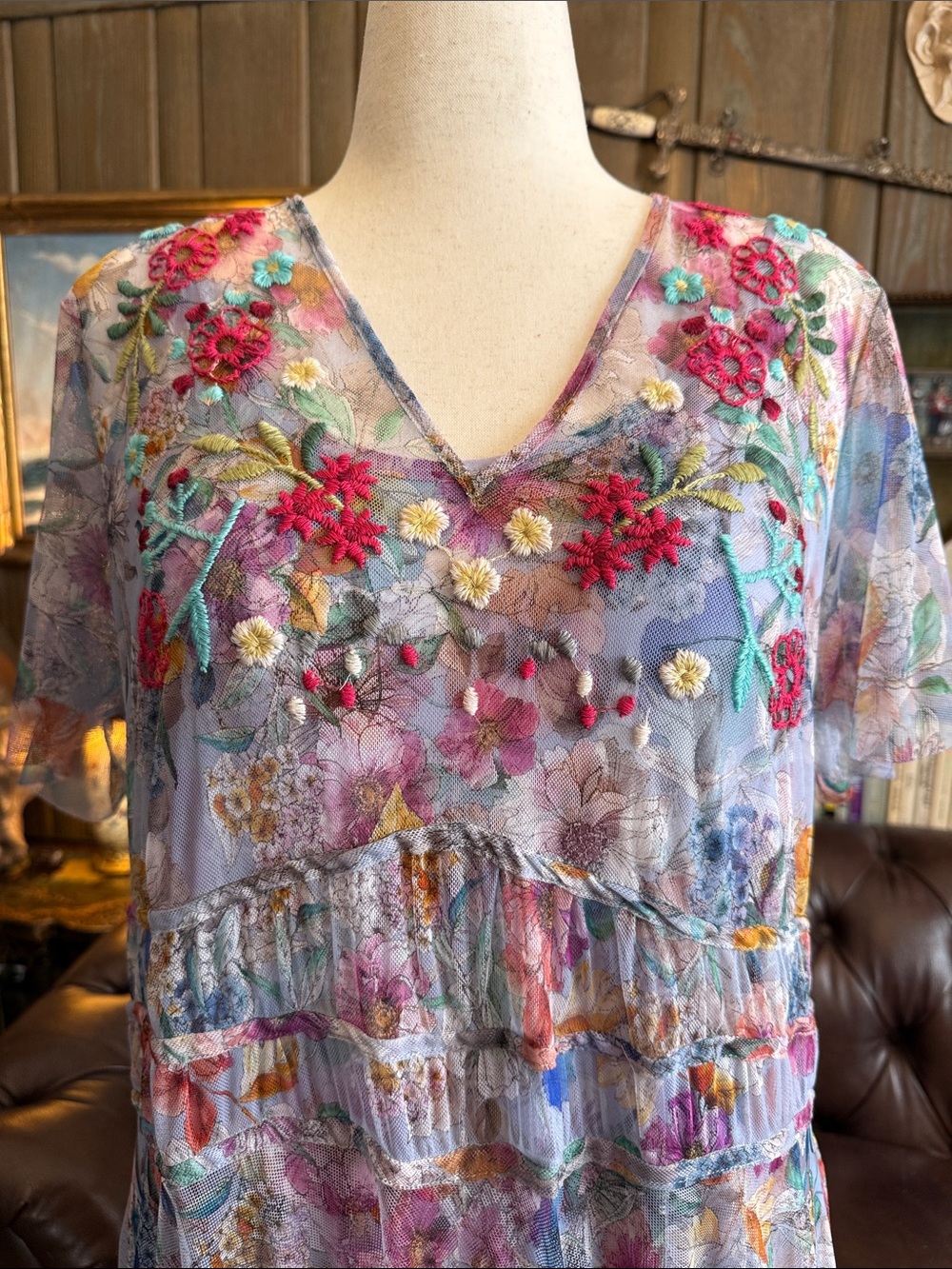 Johnny Was Mazzy Ruched Dress Flora Embroidered Maxi Dress - Picture 7 of 15